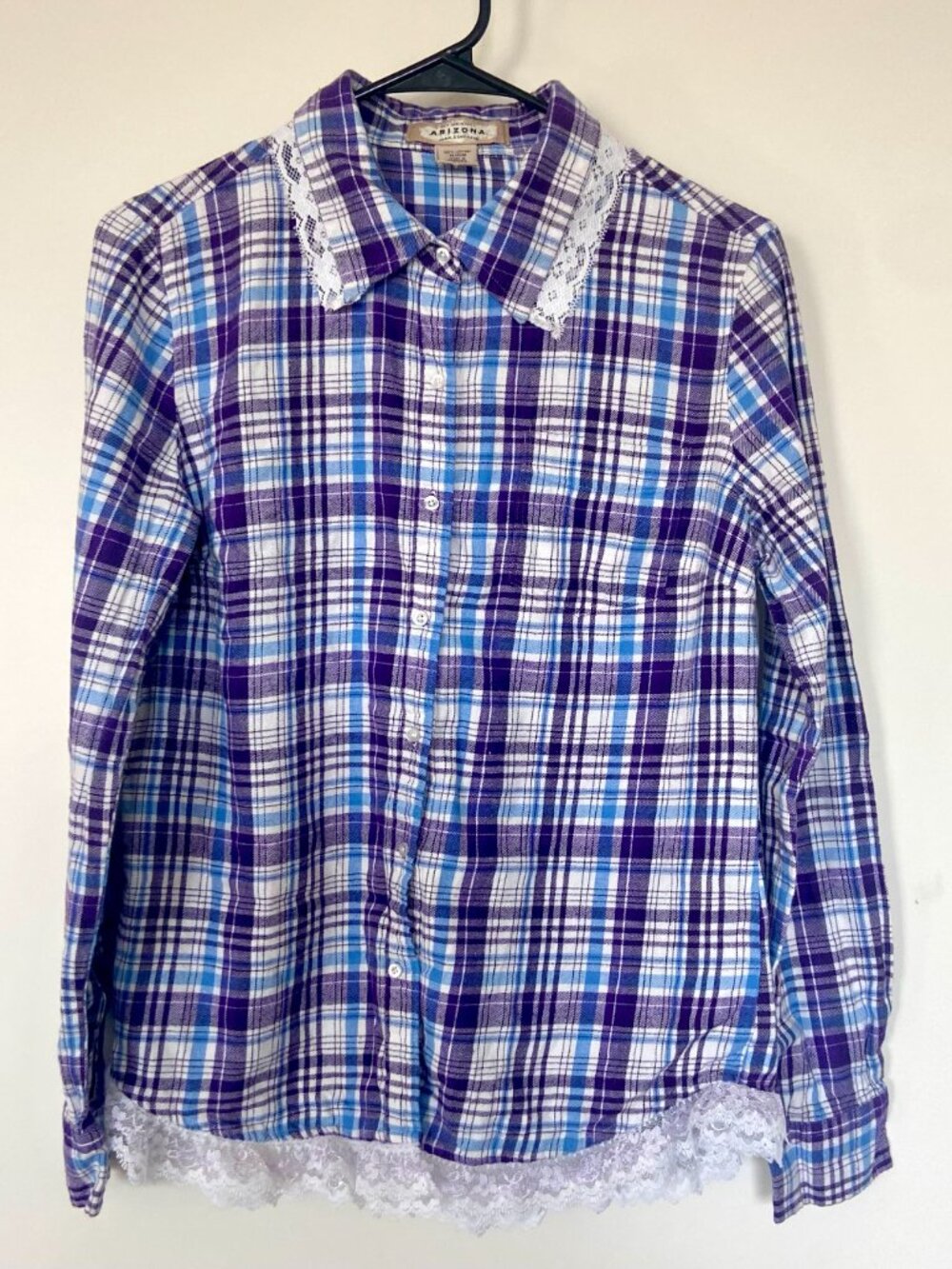 Arizona Women's Purple/Blue/White Plaid Long Sleeve Flannel Shirt With Lace L